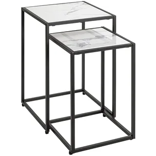 HAKU Beistelltische 2er Set schwarz weiß Kunstmarmor Metall Couchtisch Sofatisch - Maße: B 28/33 x H 43/50 x T 28/33 cm Style: Art Deco