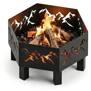 MetaloPro Hexa Alpen Feuerschale sechseckig – Feuerstelle Garten 70 cm, 3 mm Stahl geschweißt, Lasercut Alpenpanorama-Motiv, schwarz pulverbeschichtet, EU-Herstellung
