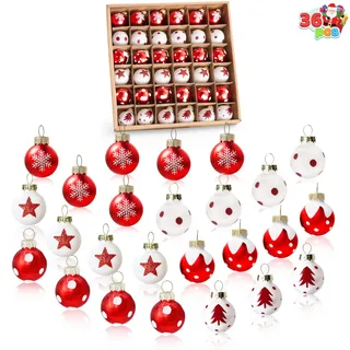 JOIEDOMI 36-teiliges Mini-Weihnachtskugel-Ornament-Set, metallische Glaskugeln mit Glitzerdrucken und Seilaufhängern, hängende Miniatur-Ornamente für den Weihnachtsbaum (rot und weiß)