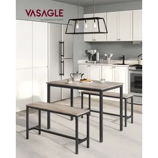 VASAGLE Esstisch, Küchentisch-Set mit 2 Bänken, 3er-Set, 110 x 70 x 75 cm, Greige meliert-Tintenschwarz - Grau