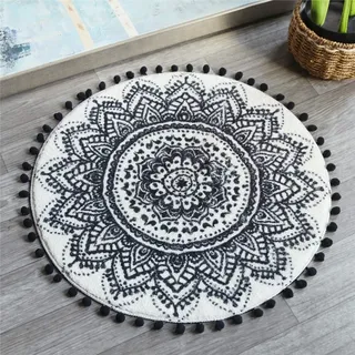 Uphome 60 cm runder kleiner Flächenteppich mit schickem Bommel Fransen Luxus Mandala Boho Samt Badezimmer Teppiche Weicher rutschfester Bodenteppich Schlafzimmer Wohnzimmer Dekorativ Maschinenwaschbar