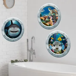 Runtoo Wandtattoo 3D Unter dem Meer Wandsticker Hai Unterwasserwelt Fische Wandaufkleber Badezimmer Babyzimmer Kinderzimmer Wanddeko
