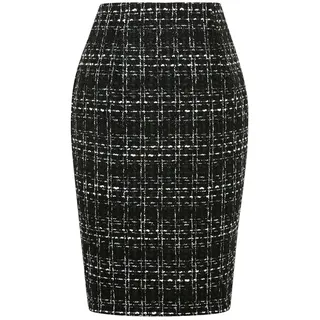 IDEALSANXUN Midi-Röcke für Damen, 2024, Herbst, Winter, Knielang, Bleistift-Wollrock mit Schlitz, Tweed Schwarz, Groß
