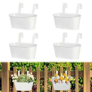 LCUHAVA 4 Stück Metall Blumentopf Hängend, Groß Hängetopf für Pflanzen, 27cm Blumentöpfe zum Aufhängen, Mit Abflussloch, für Balkonzäune, Gartendekoration, Mauerzäune (Weiß)