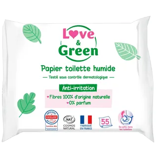 Love & Green Ökologische Toilettentücher – Packung mit 55 Tüchern – zertifiziert Cosmo Natural von ECOCERT und FSC
