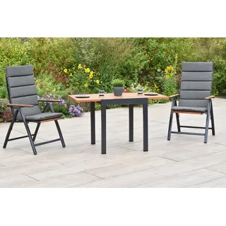 Merxx "Athos" Gartenmöbel Set 5tlg., 2 Klappsessel, 2 Auflagen, Balkonausziehtisch 65 (130) x 65 cm, Aluminium/Akazie - Braun