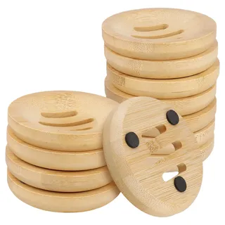 CHUENHEI 12 Stück Seifenschale Bambus Rund, 80 mm Seifenablage Holz Seifenschale mit Ablauf, Rund Seifenschalen Bambus Seifenhalter, Soap Dish für Küche Badezimmer