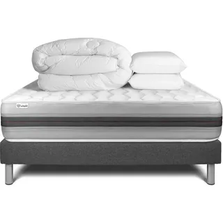 Komplettpaket Bett - Matratze 140x200 cm + Boxspringbett mit Lattenrost (im Set) + 2 Kopfkissen + Bettdecke - Vitalspring Recover - Grau