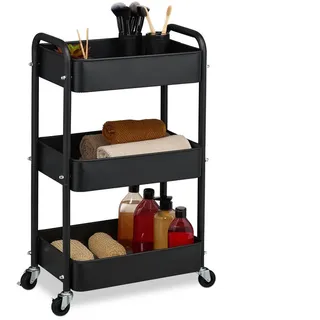 Relaxdays Rollwagen, 3 Etagen, Servierwagen, Küchenwagen Bad & Büro, Rollregal, 71,5x43,5x29,5 cm, Bastelwagen, schwarz