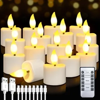 Bowfar Wiederaufladbare Teelichter, 16 Stück Aufladbar LED Kerzen Flackernde mit Fernbedienung und Timer, Elektrische Teelichter mit 8-Port USB-C Kabel für Zimmer Party Halloween Tisch Weihnachtsdeko