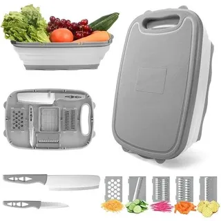 Unyqoos® Multifunktionales 9‐in‐1 Küchen-Schneidebrett – 5 austauschbare Gemüseschneider, 2 Messer, faltbares Abtropfsieb, lebensmittelsicherer Kunststoff & Silikon, klappbar (5,8 cm) - Grau