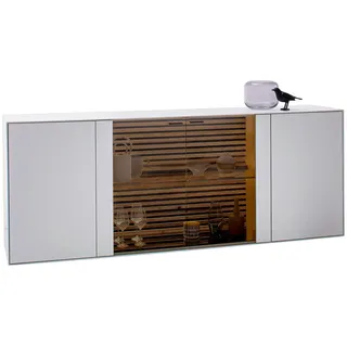 Schöner Wohnen Sideboard , Weiß, Eichefarben , Holz, Glas , Kerneiche , massiv , 3 Fächer , 203x80x44 cm , Goldenes M, Dgm , Holzmöbel, Wohnwände Holz, Wohnwand Serien Holz