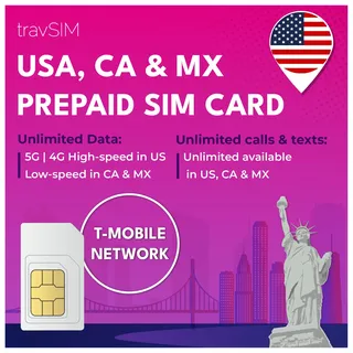 travSIM USA, Canada Mexico SIM Karte | T-Mobile-Netzwerk | 50 GB Daten für die USA, 5 GB für Kanada und Mexiko | Unbegrenzte Inlandsgespräche und SMS | Gültig für 10 Tage