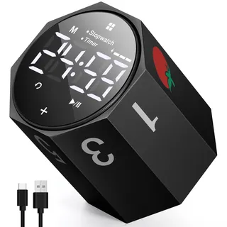 DoubleCare Pomodoro Timer,25/5 Pomodoro,1/3/5/10/25/30/60 Min, Custom Countdown,Lautlos/Vibration/Ton,Pause & Weiter,1.8'' LED-Digitaldisplay mit automatischer Drehung im Büro Lernen Fitness,Schwarz