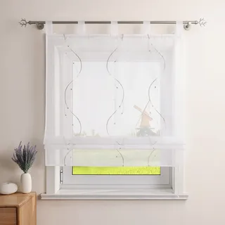 CORLIF Raffrollo Landhaus Raffgardine Küche Modern Schlaufenrollo Leinenoptik mit Wellenmuster Transparente Rollos Kurz Fenster Schal mit Schlaufen B/H 140/140 cm Sand