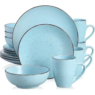 Tafelservice Steingut 16-teilig Vintage Blau Geschirrset Kombiservice - Blau