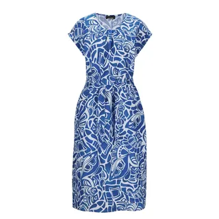 GOLDNER Sommerkleid "Leinenkleid Ethno, Halbarm" Eingrifftaschen Mit Bindegürtel und Taschen, royalblau, gemustert