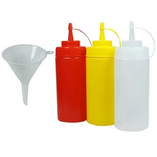3 Quetschflaschen 0,45L für Ketchup Senf Mayonnaise inkl. einem Trichter Ø 9 cm