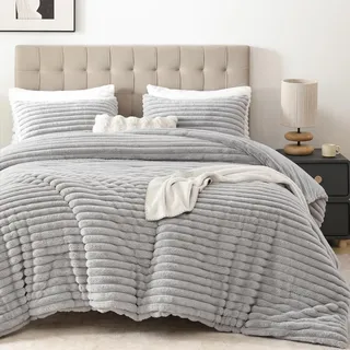 Smoofy Flauschiges Bettwäsche-Set in voller Größe, 3-teilig, hellgraues Fleece, Flauschiges Bett-Set, luxuriöses Flauschiges Vollbett-Set, weiche Bettdecke in voller Größe, für alle Jahreszeiten