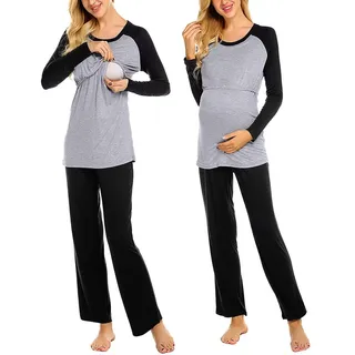 SJTJSPX Stillpyjama Damen Umstandsschlafanzug Schwangerschaft Umstandspyjama Zweiteiliger Schlafanzug Baumwolle Still-Pyjama-Set Verstellbare Umstandshose Lange Ärmel Nachtwäsche