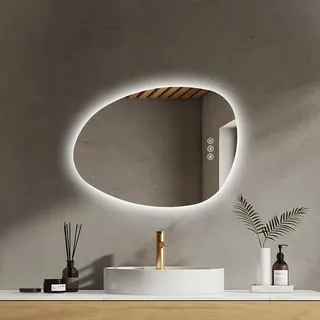 EMKE Badezimmerspiegel mit Beleuchtung Asymmetrischer LED Spiegel 65 x 45 cm Touch-Schalter, 3 Lichtfarben Dimmbar, Beschlagfrei Badspiegel mit Beleuchtung IP44 Energiesparend