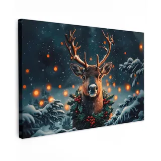 MuchoWow Leinwandbild Hirsch - Weihnachten - Winter - Schnee - Weihnachtskranz Wanddeko 90x60 cm , Textil , Rechteckig , 90x60 cm , FSC 100% , gerahmt , Bilder & Rahmen, Bilder, Leinwandbilder