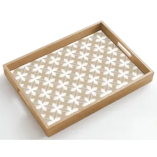 OnlyWow© Holztablett Küchentablett Servier Tablett Eiche Serviertablett | 50x35 cm - Rechteckig - Holz Servierplatte Mit Henkel Tray Kaffeetablett Muster - Symmetrisch - Beige