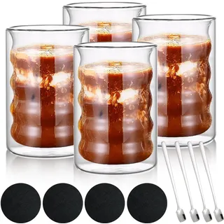 Gigtoop Latte Macchiato Gläser 4er-Set,Doppelwandige Gläser mit 4 Löffeln und 4 Untersetzern, 350ML,Spiralförmig Espressotassen Kaffeebecher Trinkgläser, Spülmaschinenfeste (4 pcs)