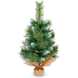 himaly 60cm 2ft Kleiner PVC Weihnachtsbaum mit 60 Blattspitzen aus Kiefernnadeln, Mini Tisch künstlicher Weihnachtsbaum in Weiß sprühen, Leinenbaumwolle und Zementbasis für Weihnachtsdekorationen