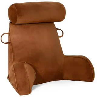 GKXLH Lesekissen - Samt Lesekissen für das Sitzen im Bett Erwachsene, Rückenkissen für das Sitzen im Bett mit rundem Kissen, Rücken-Arm-Unterstützung Bettruhekissen mit Arm & Tasche & waschbarer Bezug