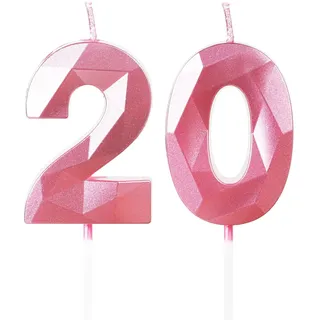 Yiran 3D Rosa Geburtstagskerzen Zahlen 20, 5cm Kerzen für Torten- und Kuchendeko, Geburtstagsdeko Nummer 20