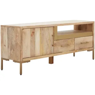 Mid.you Lowboard , Naturfarben, Goldfarben , Metall , Mangoholz , massiv , 1 Schubladen , 145x57x40 cm , Handmade in India , Holzmöbel, Wohnwände Holz, Lowboards Holz