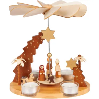 Brubaker Weihnachtspyramide aus Holz - Stern von Betlehem, Jesus, Maria, Josef & Hirte - 22 cm große Teelichtpyramide für Weihnachten - drehbare Tischpyramide für 4 Pyramidenteelichter - Handbemalt