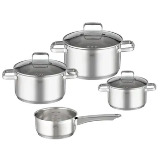 RÖSLE CHARM Topf-Set 4-tlg., hochwertiges Universaltopfset mit 3 Kochtöpfen und 1 Stielkasserolle, Edelstahl 18/10, Glasdeckel, Innenskalierung, induktionsgeeignet, spülmaschinengeeignet