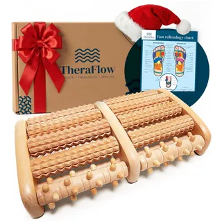 TheraFlow Fußmassageroller Holz - Plantarfasziitis Fußmassagegerät für Akupressur- & Reflexzonenmassage, Fersensporn Massagegerät, Geschenke für Frauen & Geschenke für Männer (inkl. Reflexzonenkarte)