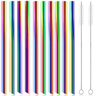 10 Stück Strohhalm Edelstahl,Extra Breite Bubble Tea Strohhalme,Edelstahl Strohhalme Wiederverwendbar,Regenbogen Metall Trinkhalme mit 2 Reinigungsbürsten,Spülmaschinenfest,Ideal für Smoothie (A)