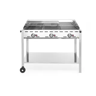 HENDI Grillsystem Green Fire 3 Brenner, mit Emaillierte Grillplatte aus Gusseisen und Rost GN 1/1, nur für Verwendung im Aussenbereich, 1078x612x(H)825mm, 17,4kW, Edelstahl 18/0