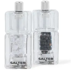 Salter 7605 CLXR Salz- & Pfeffermühlen Mini, quadratische, rautenharte Keramik, zum Mahlen gedreht, Salzkristalle &Pfefferkörner, 14g Salz/7g Pfeffer, einstellbar, fein bis grob, 9,7 cm, klar