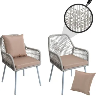 2er-Set Gartenstuhl HWC-O12, Outdoor Sitz-/Rückenpolster Aluminium Seilgeflecht Rope grau, Bezug taupe - Beige