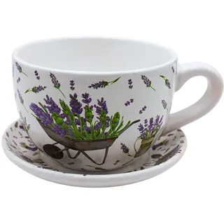 Dekohelden24 Blumentopf, Pflanztasse, Pflanzkübel, Pflanzgefäß, Blumenkübel, Pflanztopf. Übertopf als Tasse mit Griff aus Keramik, Motiv: Lavendel, L/B/H 20 x 15 x12 cm.