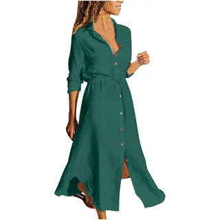 Baumwolle Leinen Sommerkleid Damen Einfarbig Vintage Blusenkleid Revers Hemdkleid Langarm Maxikleid Strandkleid Leinenkleid mit Kordelzug Einreihiges Shirt Kleid Freizeitkleid Große Größen 5XL