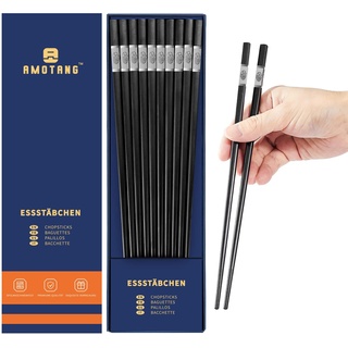 AMOTANG 5 Paar Fiberglas-Essstäbchen, Spülmaschinenfeste Sushi Stäbchen mit Metallgeschnitztem Chinesisches 'FU', Schwarz und Silber, Rutschfeste und Wiederverwendbare Chinesische Chopsticks