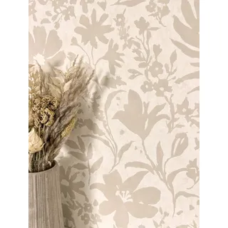Newroom Vliestapete Beige Blumentapete Floral Landhaus Wohnzimmer | Beige Blumensilhouetten auf cremeweißem Fond, feine Leinenstruktur, matt, Skandinavisch, Boho, Mustertapete Schlafzimmer Flur