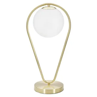 Tischleuchte Glamy Drop aus goldenem Eisen mit weißer Glaskugel