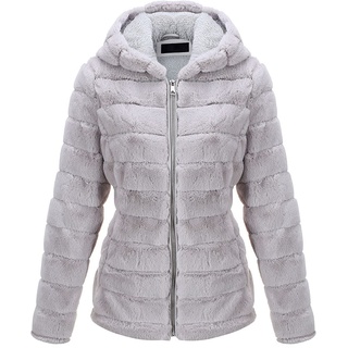 BELLIVERA Damen Kunstpelz Zotteliger Mantel Herbst Winter Warme Mode Lange Ärmel Reißverschluss Kurz Kapuze Jacke 1801 Grau XXL