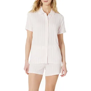 Amazon Essentials x Sofia Grainge Damen Pyjama-Set, eng anliegend, mit kurzen Ärmeln, Blassrosa Kühner Streifen, L
