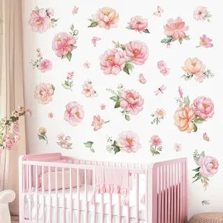 decalmile Wandtattoo Pfingstrose Rose Blumen Wandaufkleber Blüten Aquarell Wandsticker Wohnzimmer Schlafzimmer Büros Wanddeko