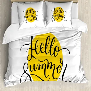 ABAKUHAUS Hallo Sommer Bettbezug, Buchstaben auf Gelb, Milbensicher Allergiker geeignet mit Kissenbezügen, 200 cm x 200 cm - 80 x 80 cm, Mustard Schwarz - Gelb