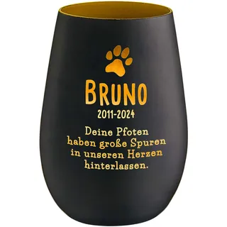 Casa Vivente Trauer Windlicht für Hunde, Personalisiert mit Namen und Lebensdaten, Pfotenmotiv, Gedenklicht, Tiergrab 10 x 8 cm (Schwarzgold)