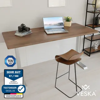 Höhenverstellbarer Schreibtisch (140 x 70 cm) - Sitz- & Stehpult - Bürotisch Elektrisch Höhenverstellbar mit Touchscreen & Stahlfüßen - Silber/Antik - Silber, Dunkelbraun